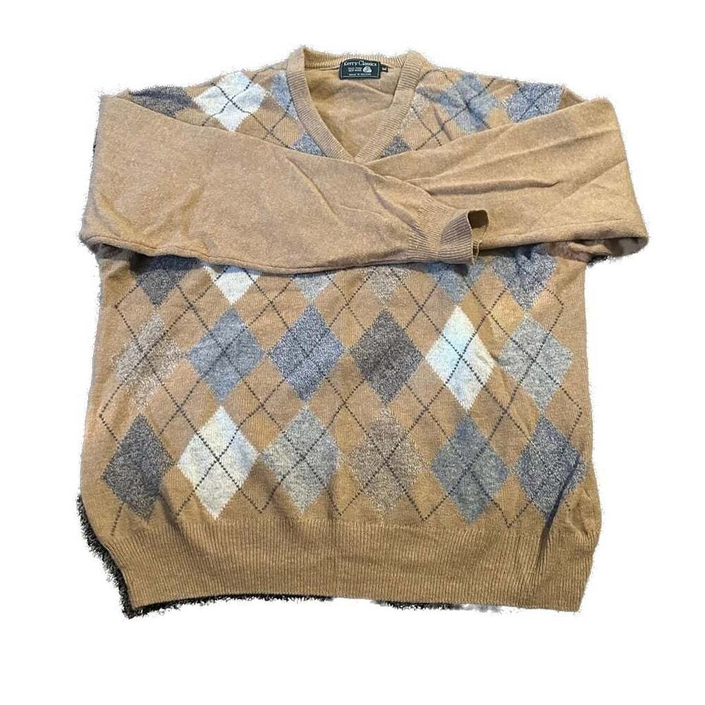 Vintage Kerry Classic Argyle Sweater Pure Lambswool Mens Normcore light academia